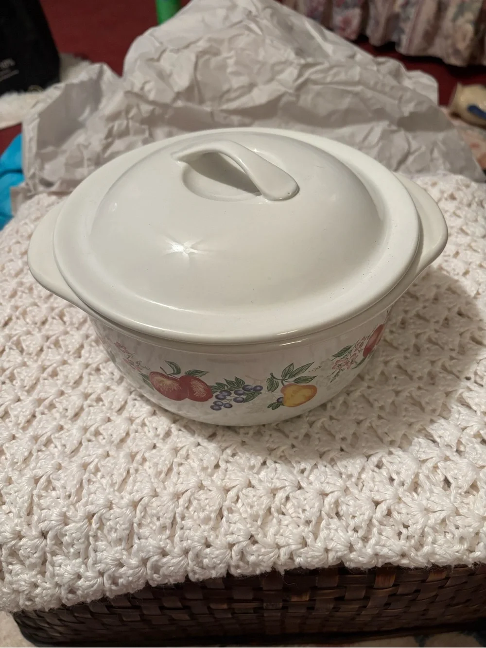 Corelle White Covered Casserole with Fruit Motif